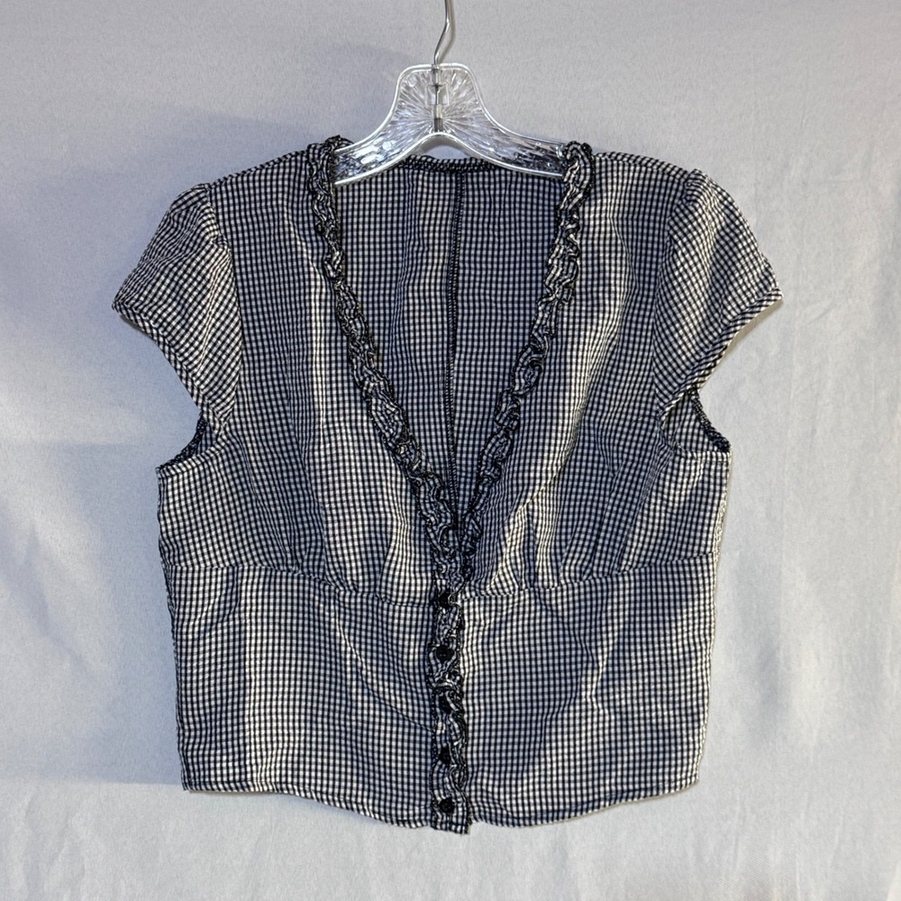 Musera Gingham Ruffle Crop Top Womens Medium Black White Checkered Retro Blouse